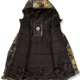 Volcom Juniors Breck Insulated Jacket 2023 - A camouflage-printed jacket with a hood, featuring a zipper closure and two pockets on the front.