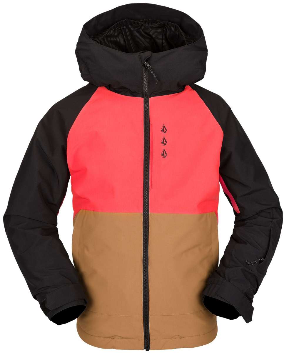 Volcom Juniors Breck Insulated Jacket 2023 - A black, salmon-pink and tan jacket with a hood.