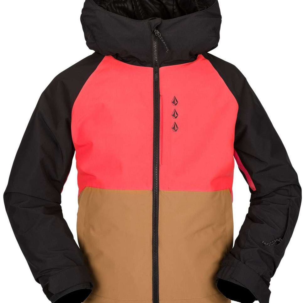 Volcom Juniors Breck Insulated Jacket 2023 - A black, salmon-pink and tan jacket with a hood.