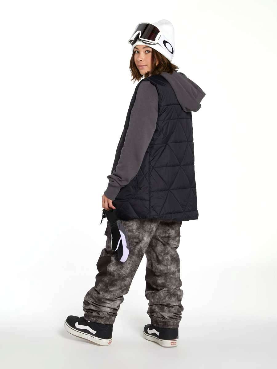 Volcom Women's Costus Pullover Fleece - A dark gray fleece pullover with a hood and drawstring, featuring a zippered front and two side pockets.