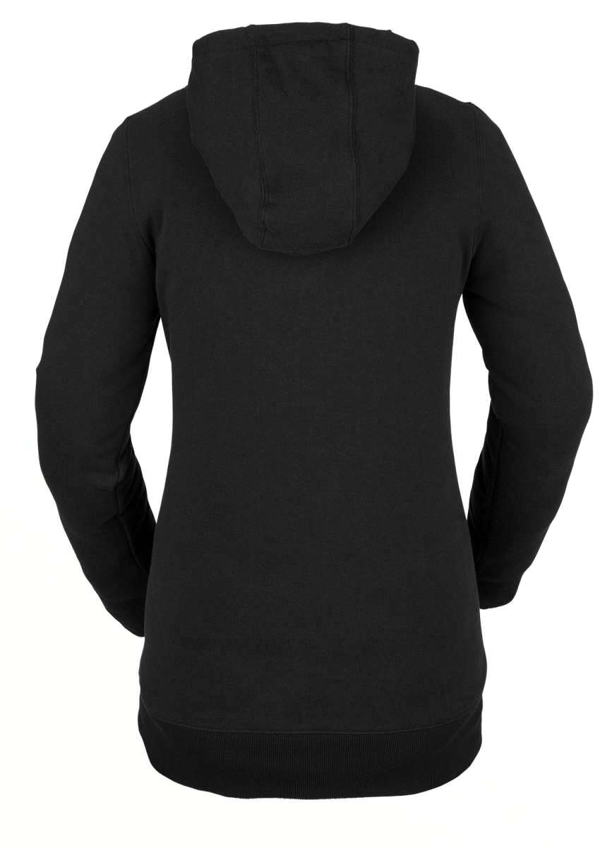 Volcom Women's Costus Pullover Fleece 2022 - A black fleece pullover with a hood and drawstring, featuring a zippered front and ribbed cuffs and hem.