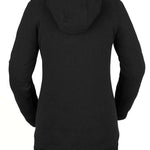 Volcom Women's Costus Pullover Fleece 2022 - A black fleece pullover with a hood and drawstring, featuring a zippered front and ribbed cuffs and hem.