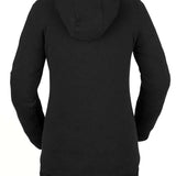 Volcom Women's Costus Pullover Fleece 2022 - A black fleece pullover with a hood and drawstring, featuring a zippered front and ribbed cuffs and hem.