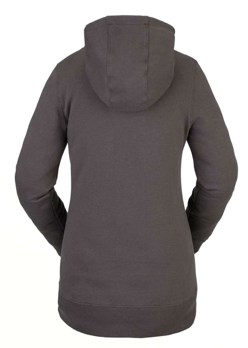Volcom Women's Costus Pullover Fleece 2022 - A dark grey pullover fleece with a hood and drawstring, featuring a zippered front and two side pockets.