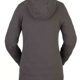 Volcom Women's Costus Pullover Fleece 2022 - A dark grey pullover fleece with a hood and drawstring, featuring a zippered front and two side pockets.