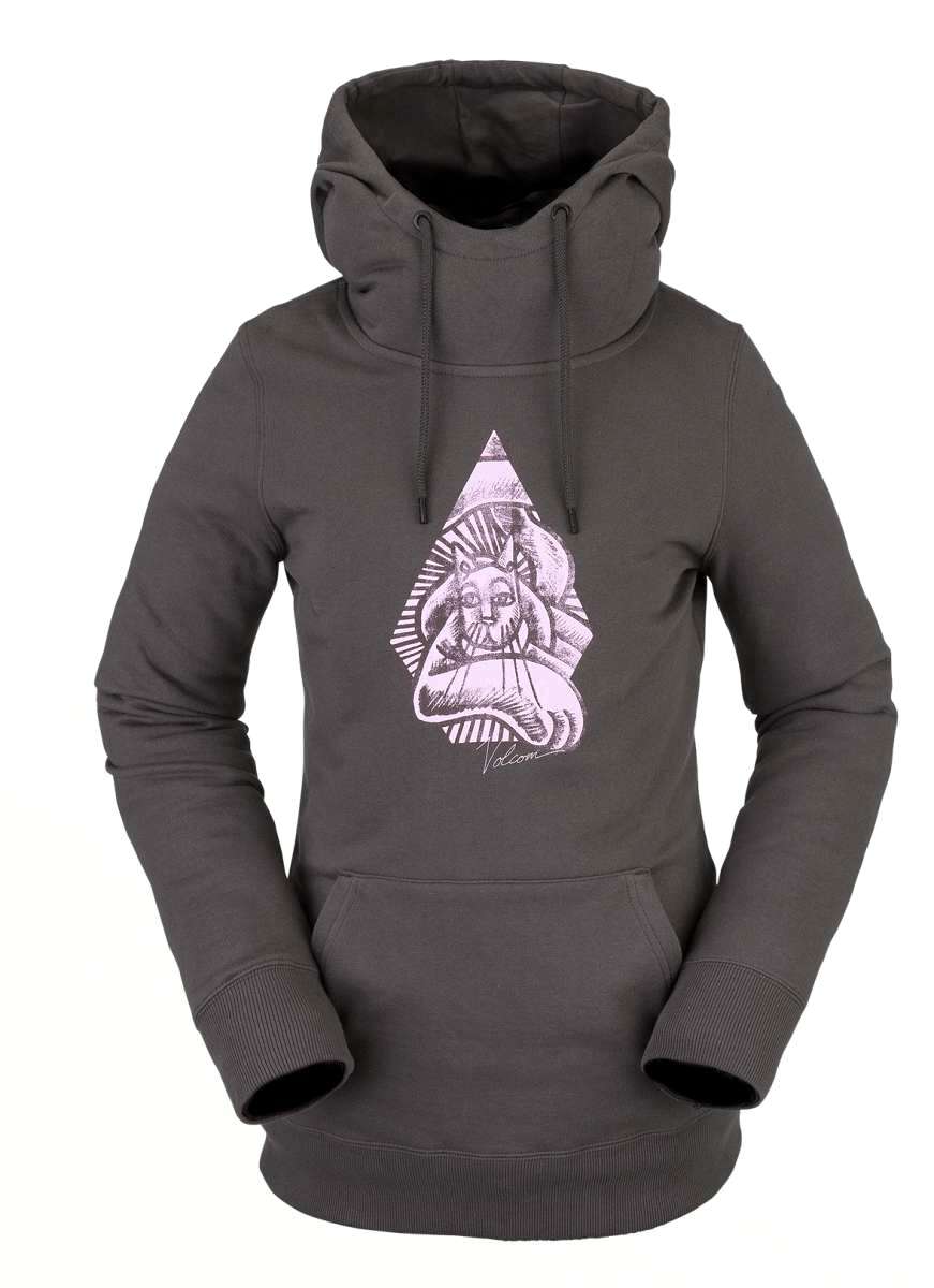 Volcom Women's Costus Pullover Fleece 2022 - A dark gray fleece pullover with a hood and drawstring, featuring a graphic of a woman wearing a hat on the chest.