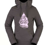 Volcom Women's Costus Pullover Fleece 2022 - A dark gray fleece pullover with a hood and drawstring, featuring a graphic of a woman wearing a hat on the chest.
