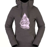Volcom Women's Costus Pullover Fleece 2022 - A dark gray fleece pullover with a hood and drawstring, featuring a graphic of a woman wearing a hat on the chest.