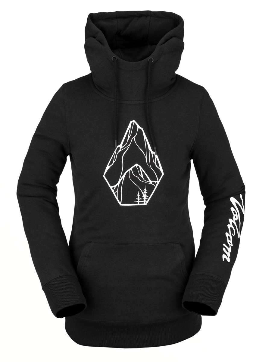 Volcom Women's Costus Pullover Fleece 2022 - A black fleece pullover with a white logo on the chest and a drawstring at the hood.