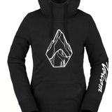 Volcom Women's Costus Pullover Fleece 2022 - A black fleece pullover with a white logo on the chest and a drawstring at the hood.
