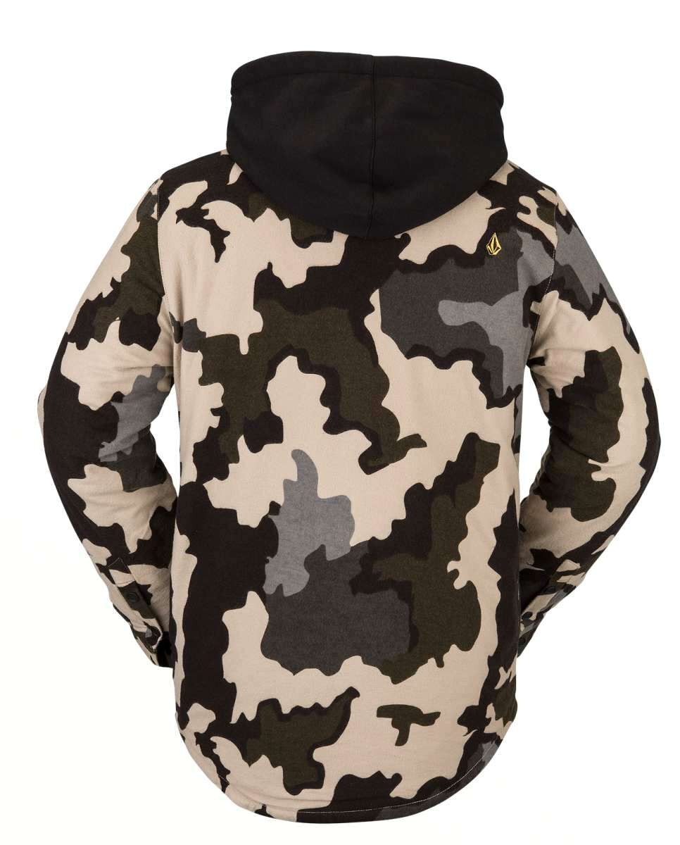 Volcom Field Insulated Flannel Jacket 2022 - A dark brown flannel jacket with a hood and two zippered pockets, featuring a small yellow logo on the upper right side.