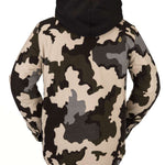 Volcom Field Insulated Flannel Jacket 2022 - A dark brown flannel jacket with a hood and two zippered pockets, featuring a small yellow logo on the upper right side.