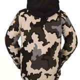 Volcom Field Insulated Flannel Jacket 2022 - A dark brown flannel jacket with a hood and two zippered pockets, featuring a small yellow logo on the upper right side.