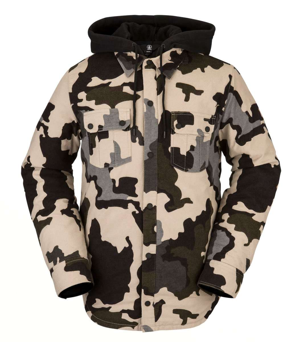 Volcom Field Insulated Flannel Jacket 2022 - A tan and black flannel jacket with a collar, two chest pockets, and a button-up front.