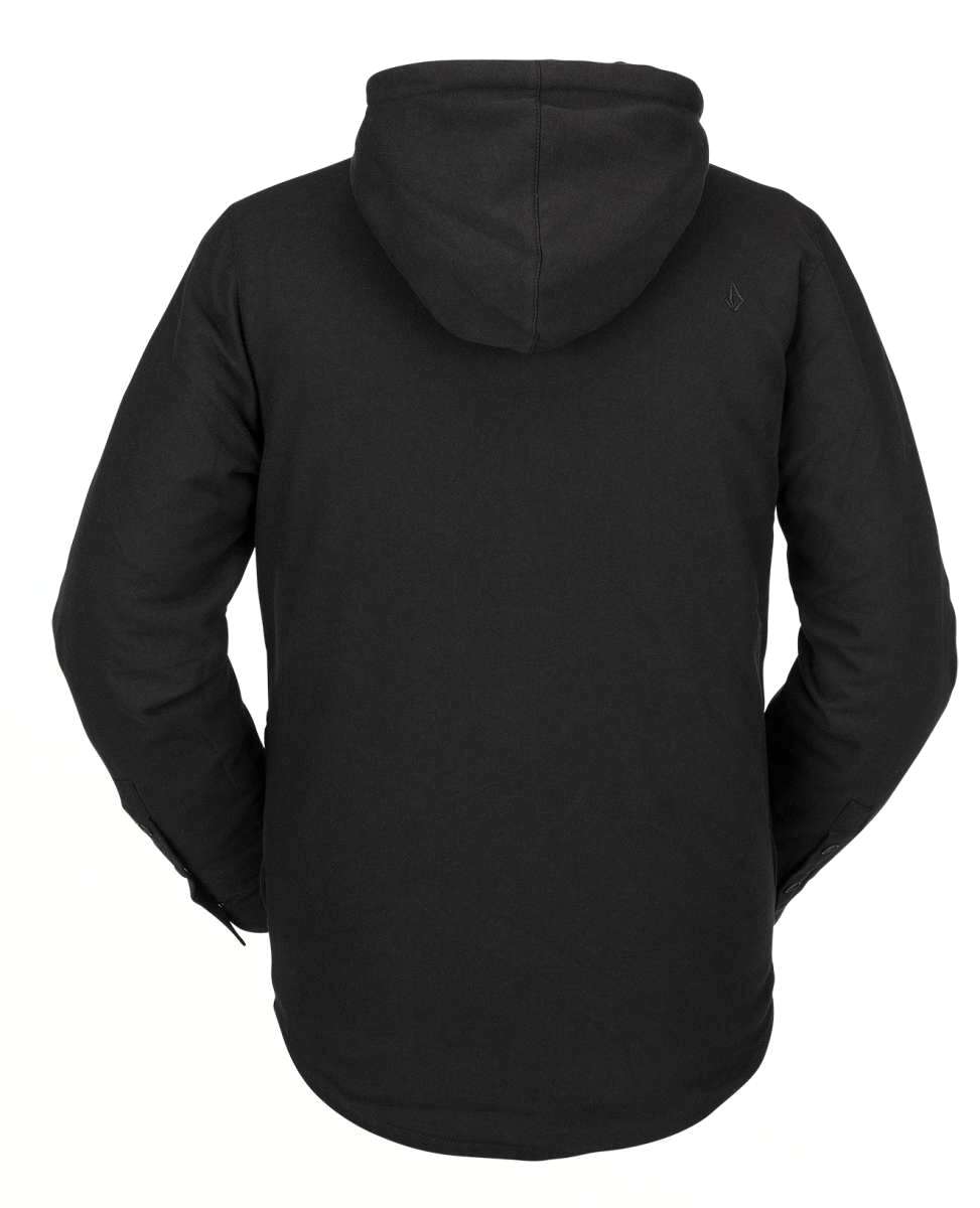 Volcom Field Insulated Flannel Jacket 2022 - A black flannel jacket with a hood, featuring a small embroidered logo on the upper right side of the back.