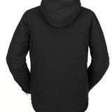 Volcom Field Insulated Flannel Jacket 2022 - A black flannel jacket with a hood, featuring a small embroidered logo on the upper right side of the back.