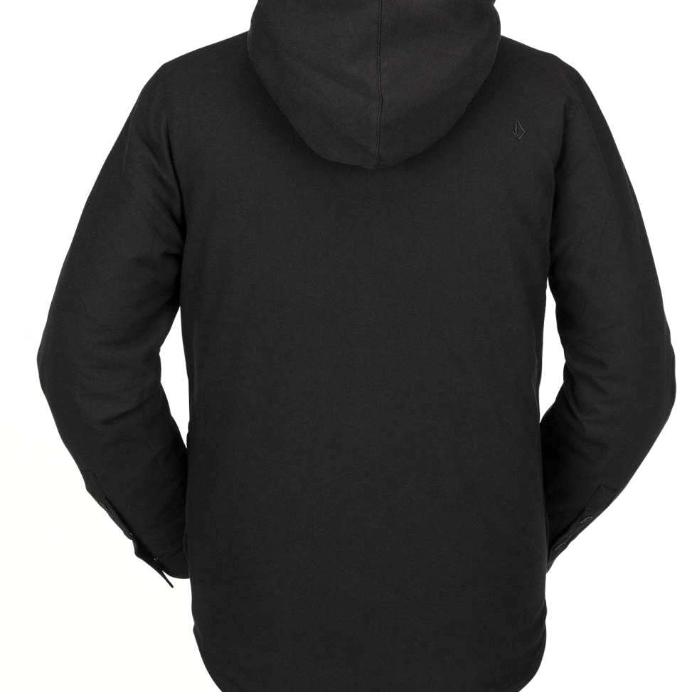 Volcom Field Insulated Flannel Jacket 2022 - A black flannel jacket with a hood, featuring a small embroidered logo on the upper right side of the back.