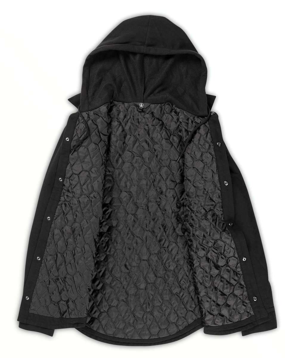 Volcom Field Insulated Flannel Jacket - A black flannel jacket with a hood, featuring a quilted pattern on the back and sleeves.