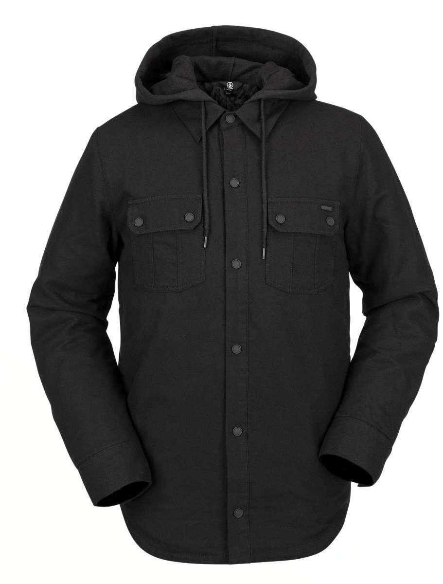Volcom Field Insulated Flannel Jacket 2022 - A black flannel jacket with two chest pockets and a hood, featuring a button-down front and snap-button closure on the pockets.
