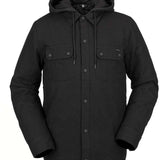 Volcom Field Insulated Flannel Jacket 2022 - A black flannel jacket with two chest pockets and a hood, featuring a button-down front and snap-button closure on the pockets.