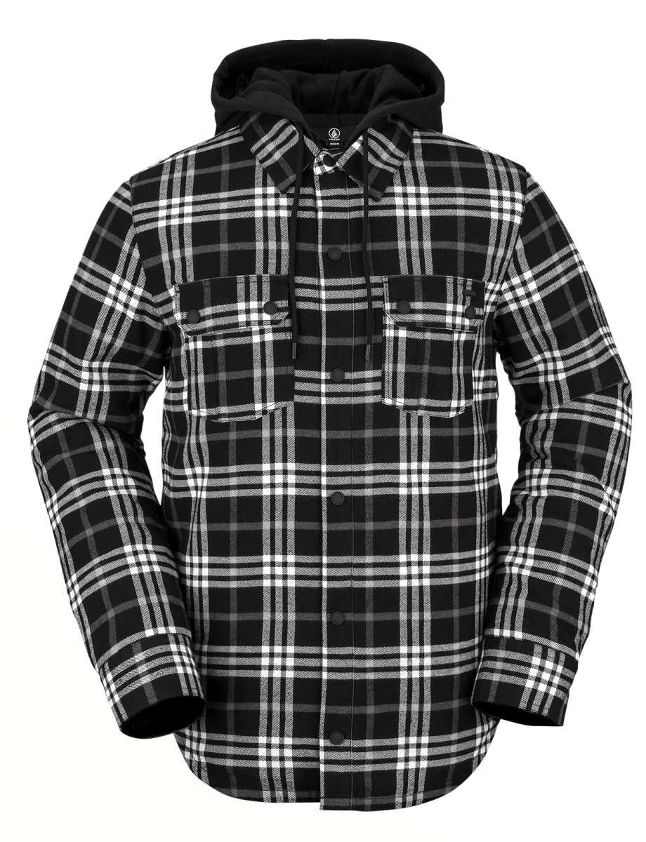 Volcom Field Insulated Flannel Jacket 2022 - A black and white plaid flannel jacket with a hood, featuring two chest pockets and a button-up front.