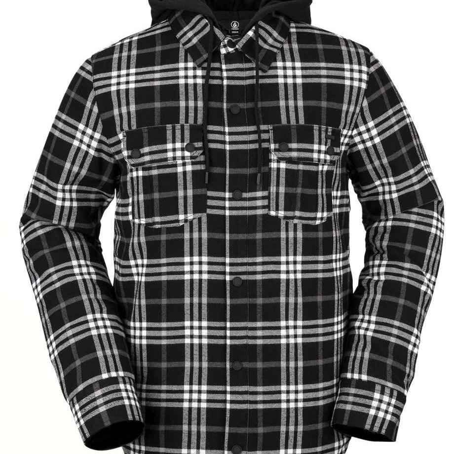 Volcom Field Insulated Flannel Jacket 2022 - A black and white plaid flannel jacket with a hood, featuring two chest pockets and a button-up front.