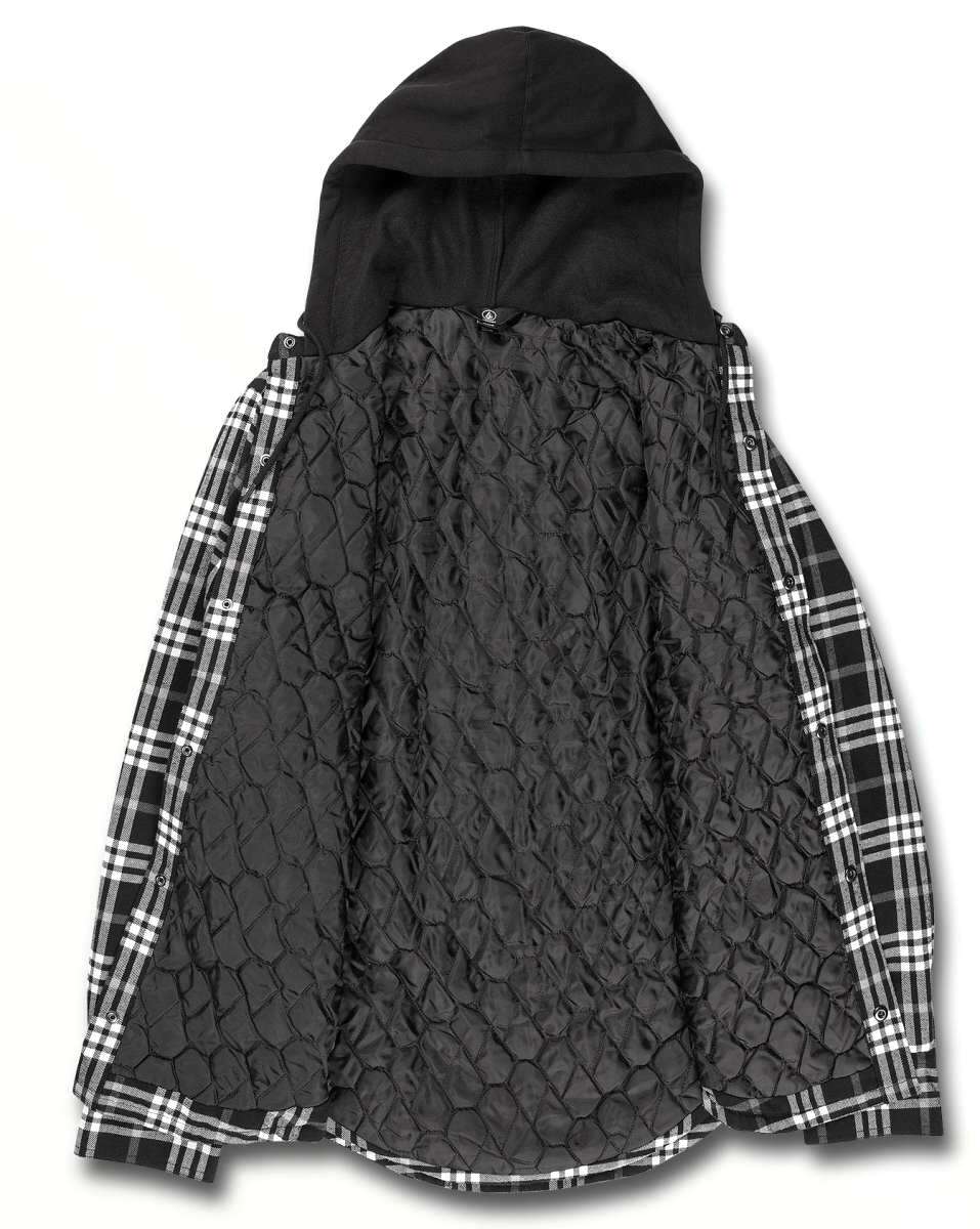Volcom Field Insulated Flannel Jacket - A black insulated flannel jacket with a hood, featuring a plaid pattern on the sleeves and body.