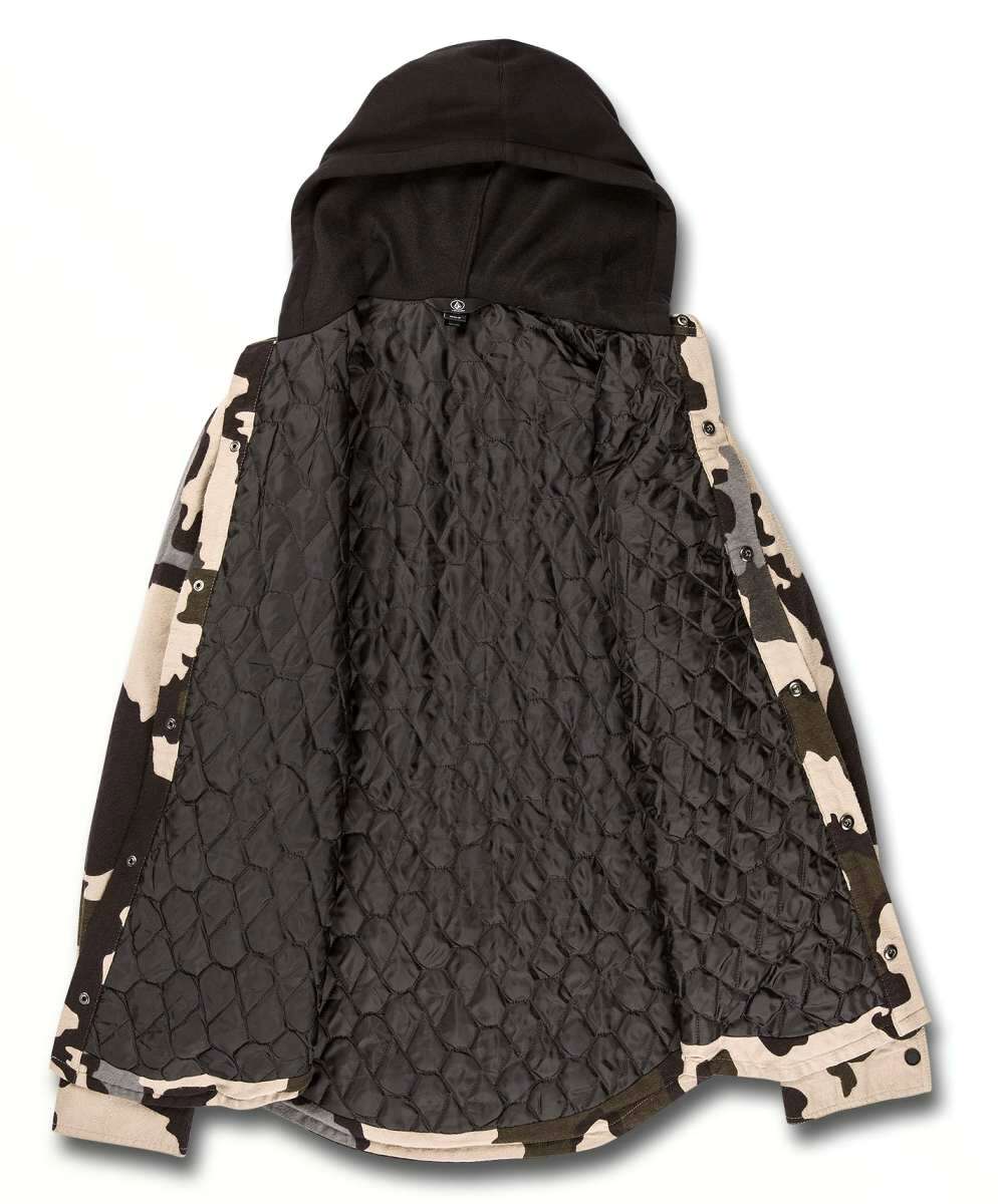 Volcom Field Insulated Flannel Jacket - A black, white, and grey flannel jacket with a hood.