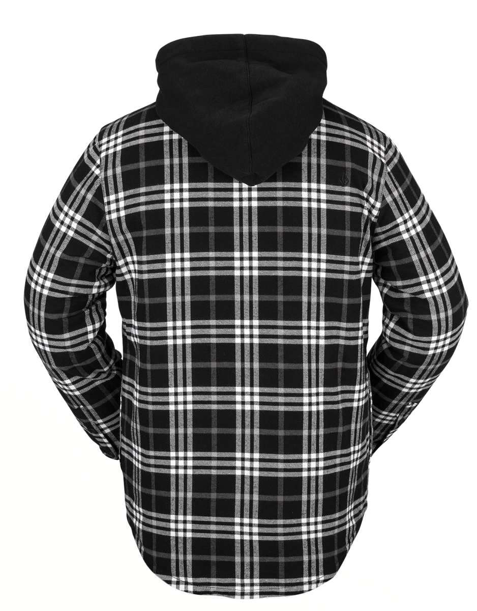 Volcom Field Insulated Flannel Jacket 2022 - A black and white plaid flannel jacket with a hood, featuring a zipper closure at the front.