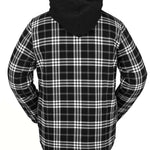 Volcom Field Insulated Flannel Jacket 2022 - A black and white plaid flannel jacket with a hood, featuring a zipper closure at the front.