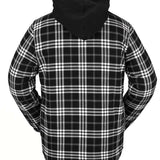 Volcom Field Insulated Flannel Jacket 2022 - A black and white plaid flannel jacket with a hood, featuring a zipper closure at the front.