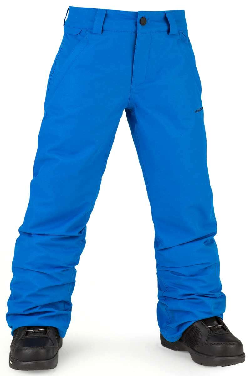 Volcom Kids Freakin' Snow Chino - A pair of blue snow pants with a subtle white stripe on the side and black drawstrings.