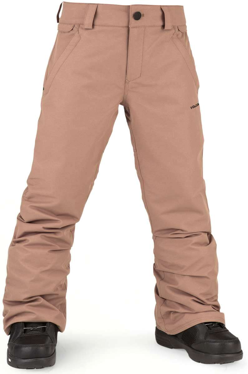 Volcom Kids Freakin' Snow Chino 2022 - A pair of khaki-colored snow pants with a subtle black logo on the left thigh and two front pockets.