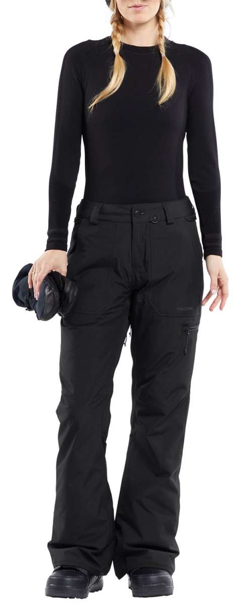 Volcom Women's Knox Insulated GORE-TEX Pant - Black insulated ski pants with a zippered pocket on the right thigh and adjustable Velcro straps at the waist.