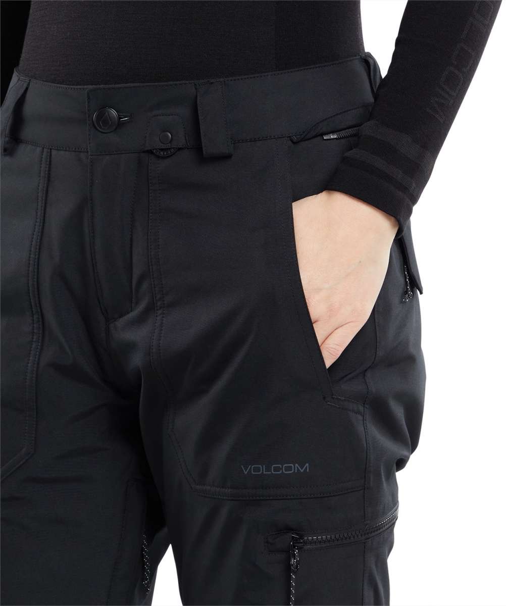 Volcom Women's Knox Insulated GORE-TEX Pant 2024 - Black insulated ski pants with a zippered pocket on the right thigh and a black logo on the left leg.