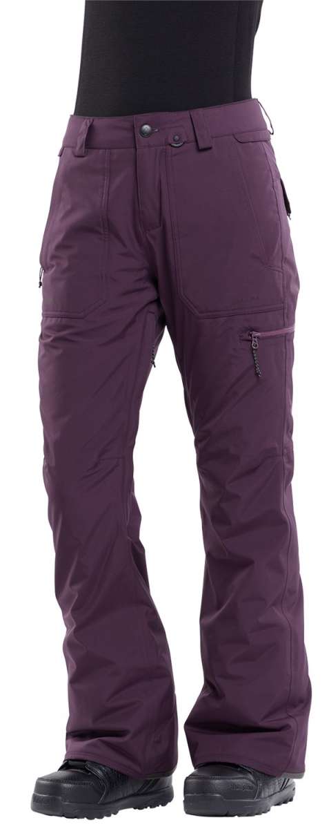 Volcom Women's Knox Insulated GORE-TEX Pant - A pair of purple ski pants with a zippered pocket on the side and a black zipper pull.