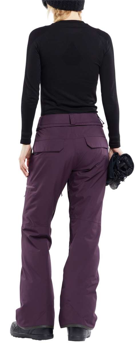Volcom Women's Knox Insulated GORE-TEX Pant - Black snow pants with a subtle white stripe on the side of the leg, featuring a zippered pocket and adjustable waistband.
