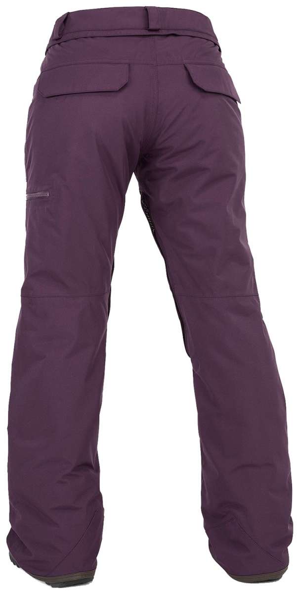 Volcom Women's Knox Insulated GORE-TEX Pant - A pair of dark purple snow pants with a zippered pocket on the left thigh and a small, rectangular logo on the right leg.