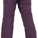 Volcom Women's Knox Insulated GORE-TEX Pant - A pair of dark purple snow pants with a zippered pocket on the left thigh and a small, rectangular logo on the right leg.