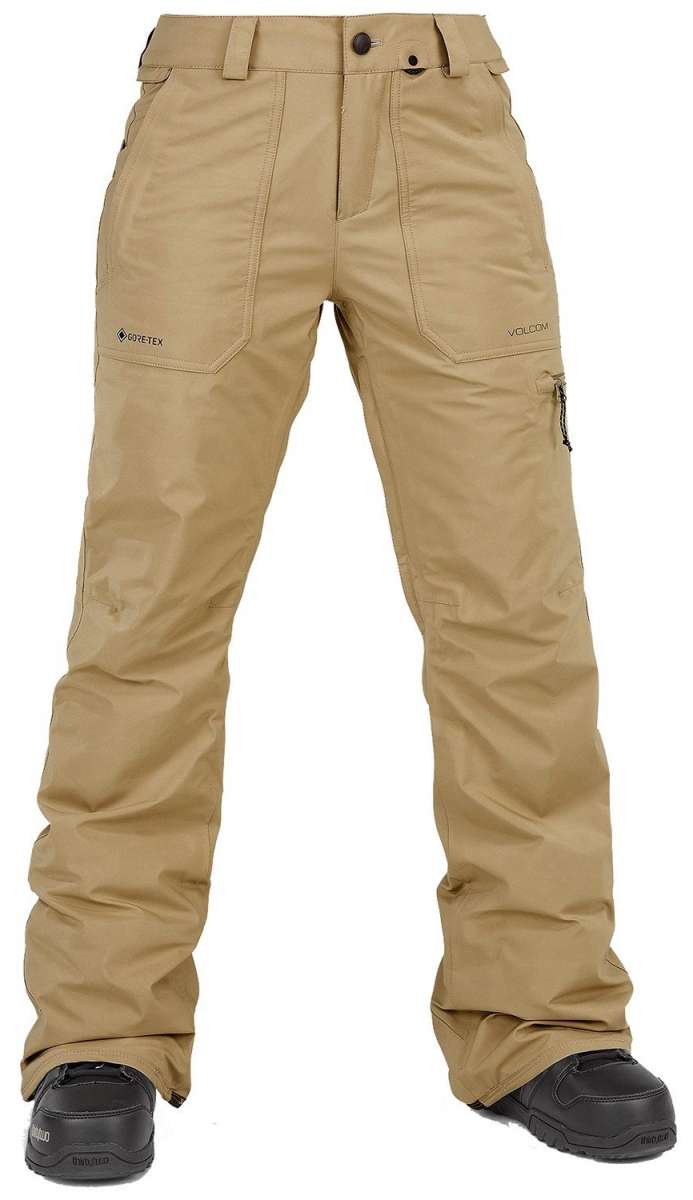 Volcom Women's Knox Insulated GORE-TEX Pant 2024 - Beige snow pants with a zippered pocket on the right thigh and black hardware.