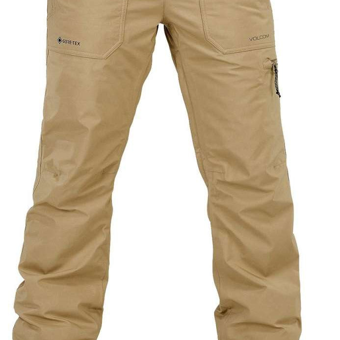 Volcom Women's Knox Insulated GORE-TEX Pant 2024 - Beige snow pants with a zippered pocket on the right thigh and black hardware.