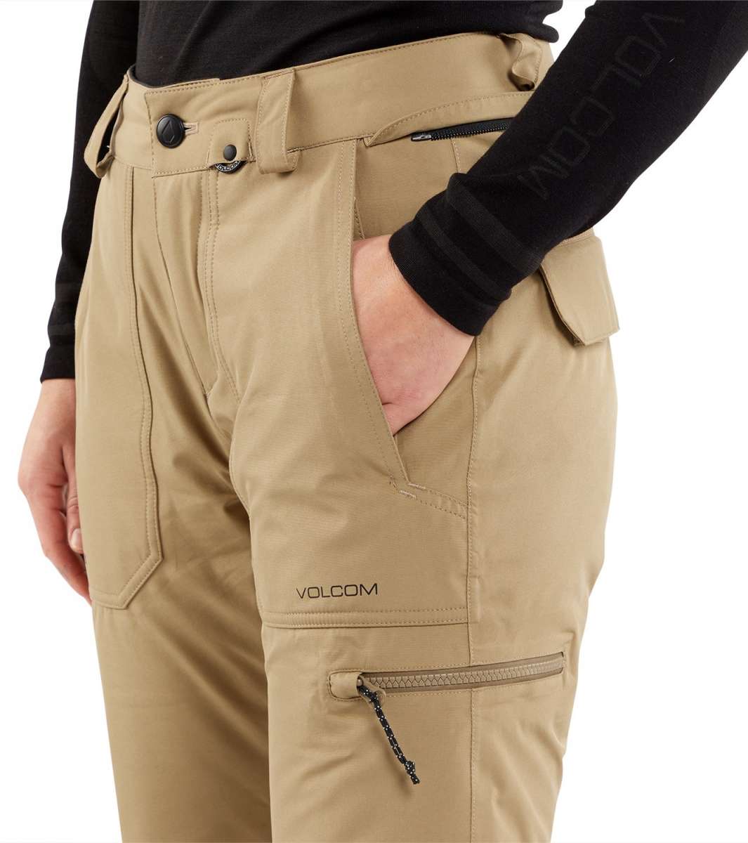 Volcom Women's Knox Insulated GORE-TEX Pant 2024 - A pair of khaki-colored insulated ski pants with a zippered pocket on the thigh and a black zipper pull.
