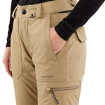 Volcom Women's Knox Insulated GORE-TEX Pant 2024 - A pair of khaki-colored insulated ski pants with a zippered pocket on the thigh and a black zipper pull.