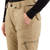 Volcom Women's Knox Insulated GORE-TEX Pant 2024 - A pair of khaki-colored insulated ski pants with a zippered pocket on the thigh and a black zipper pull.