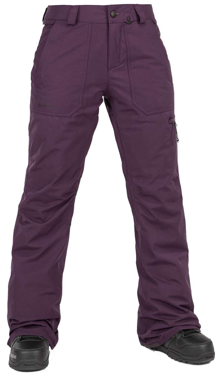 Volcom Women's Knox Insulated GORE-TEX Pant - A pair of purple ski pants with a zippered pocket on the right thigh and two belt loops at the waist.