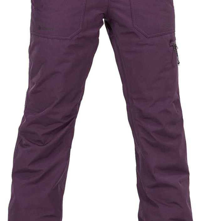 Volcom Women's Knox Insulated GORE-TEX Pant - A pair of purple ski pants with a zippered pocket on the right thigh and two belt loops at the waist.