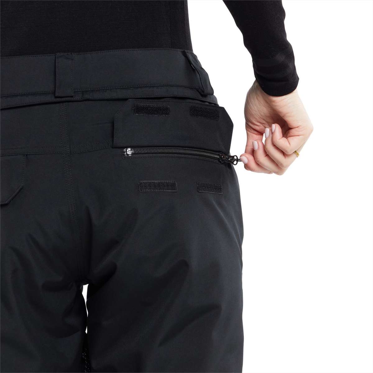 Volcom Women's Knox Insulated GORE-TEX Pant - Black insulated ski pants with a zippered back pocket and adjustable Velcro waistband.