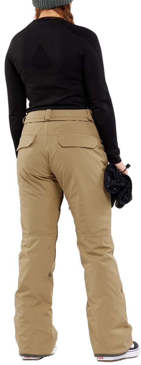 Volcom Women's Knox Insulated GORE-TEX Pant - A pair of khaki-colored snow pants with a black logo on the left leg, featuring two front pockets and a belt loop at the back.