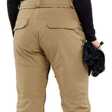 Volcom Women's Knox Insulated GORE-TEX Pant - A pair of khaki-colored snow pants with a black logo on the left leg, featuring two front pockets and a belt loop at the back.