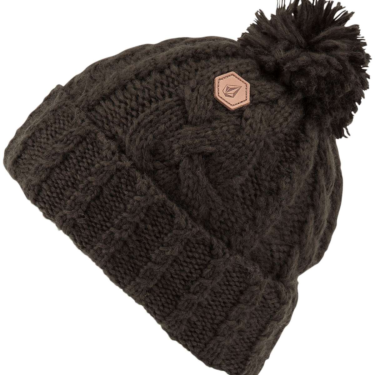 Volcom Women's Leaf Beanie 2022 - A black beanie with a brown leaf logo on the front.